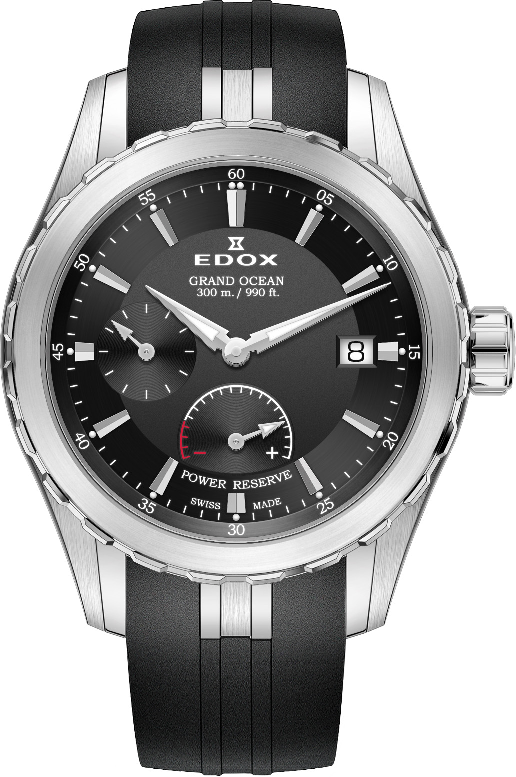 Series	Grand Ocean
Case material	Stainless Steel
Case diameter	40 mm
Water resistance	30 ATM / 300 Meters / 1.000 Feet
Movement	Swiss Made Sellita SW279-1
Movement type	Automatic winding
Crystal	Sapphire crystal
Strap material	Rubber
Strap color	Black
Case color	Stainless Steel (or) Silver Color
Dial color	Black
