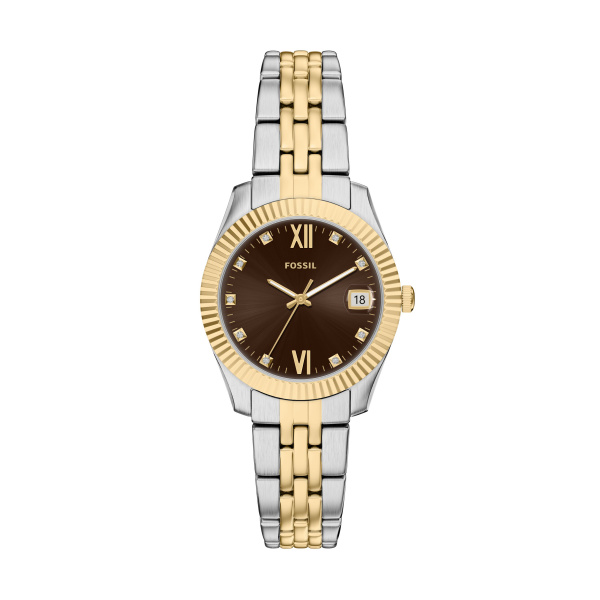 De Fossil Dames Horloge Scarlette ES5539 is een elegante polshorloge met een kast van roestvrij staal in goud-zilver kleur en een bruine wijzerplaat met decoratieve diamanten. Het horloge heeft een quartz uurwerk, analoge tijdsaanduiding en datumaanduiding. Waterbestendig tot 5 ATM en heeft een mineraalglas. Perfect te combineren met zowel casual als formele outfits.