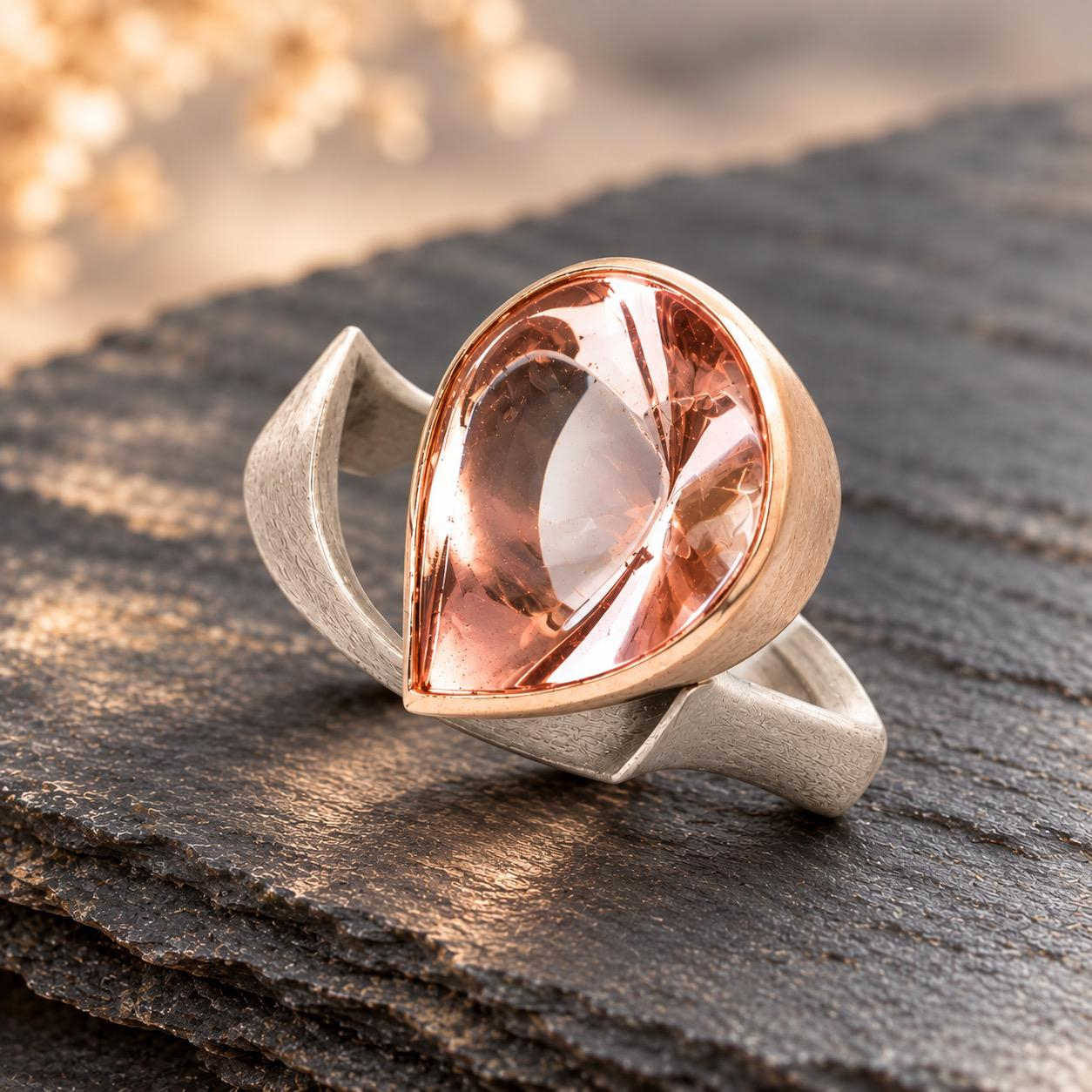 Exklusiver Smartcurve Ring mit Morganit 

Zarte Eleganz trifft auf au&szlig;ergew&ouml;hnliches Design.

Dieser ausdrucksstarke Ring aus Wei&szlig;gold begeistert durch seine skulpturale, schwungvoll gestaltete Form und einen faszinierenden Morganit gefasst in Ros&eacute;gold in eleganter Tropfenform.

Der edle Edelstein verzaubert mit seinem sanften Ros&eacute;ton und warmen, pfirsichfarbenen Reflexen. Je nach Lichteinfall entfaltet er ein lebendiges Spiel aus Transparenz, Licht und zartem Glanz.

Die kunstvoll geschwungene Ringschiene aus Wei&szlig;gold bildet einen reizvollen Kontrast zur warmen Farbigkeit des Morganits. Klare Linien und flie&szlig;ende Formen vereinen sich zu einer harmonischen Komposition mit modernem, zeitlosem Charakter.

Ein au&szlig;ergew&ouml;hnliches Schmuckst&uuml;ck voller Pers&ouml;nlichkeit &ndash; feminin, elegant und unverwechselbar.