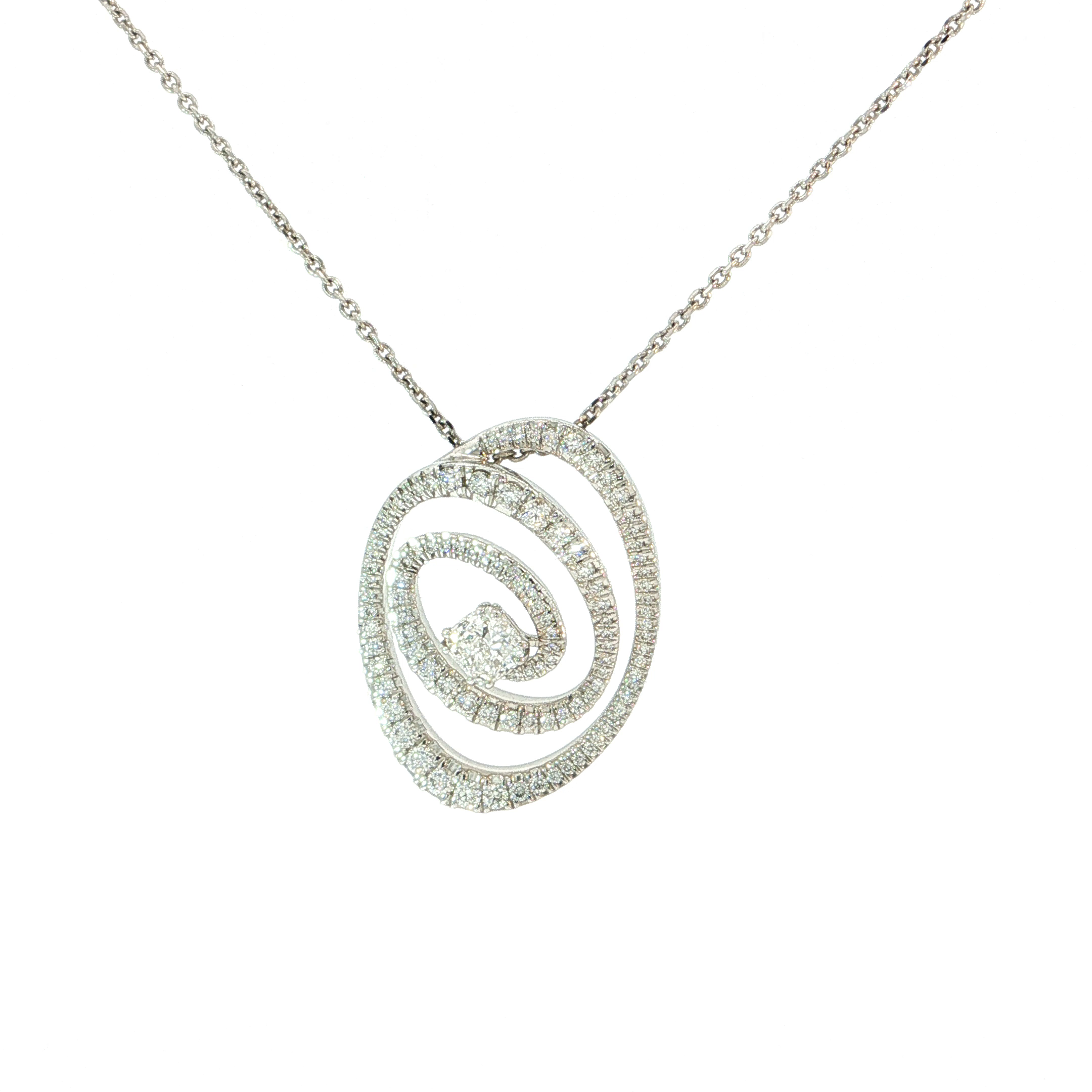 Een fascinerend spel van beweging, licht en schittering! Deze exclusieve halsketting in 18 karaat witgoud betovert met een bijzondere, spiraalvormige hanger die volledig tot leven komt dankzij de talloze fonkelende diamanten. De sierlijk in elkaar overvloeiende lijnen cre&euml;ren een gevoel van oneindigheid, terwijl een schitterende centrale briljant het hart van het ontwerp vormt.

De opengewerkte structuur geeft het juweel een luchtige elegantie, ondanks zijn opvallende en luxueuze uitstraling. Vanuit iedere hoek vangen de diamanten het licht en ontstaat een schitterend samenspel van sprankeling en verfijning. Het gedurfde ontwerp maakt deze halsketting tot een echte blikvanger voor vrouwen die hun persoonlijkheid graag laten spreken. Een juweel met een artistieke ziel, dat moderne elegantie en de magie van diamanten op een uitzonderlijke manier samenbrengt.