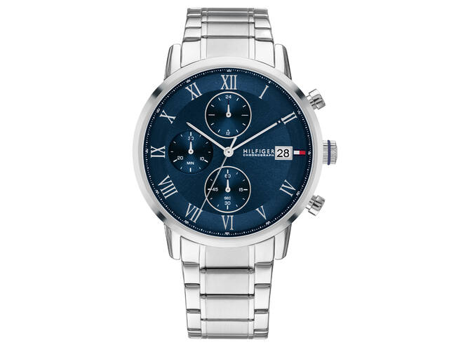 Tommy Hilfiger heren horloge zilverkleurig met blauwe wijzerplaat