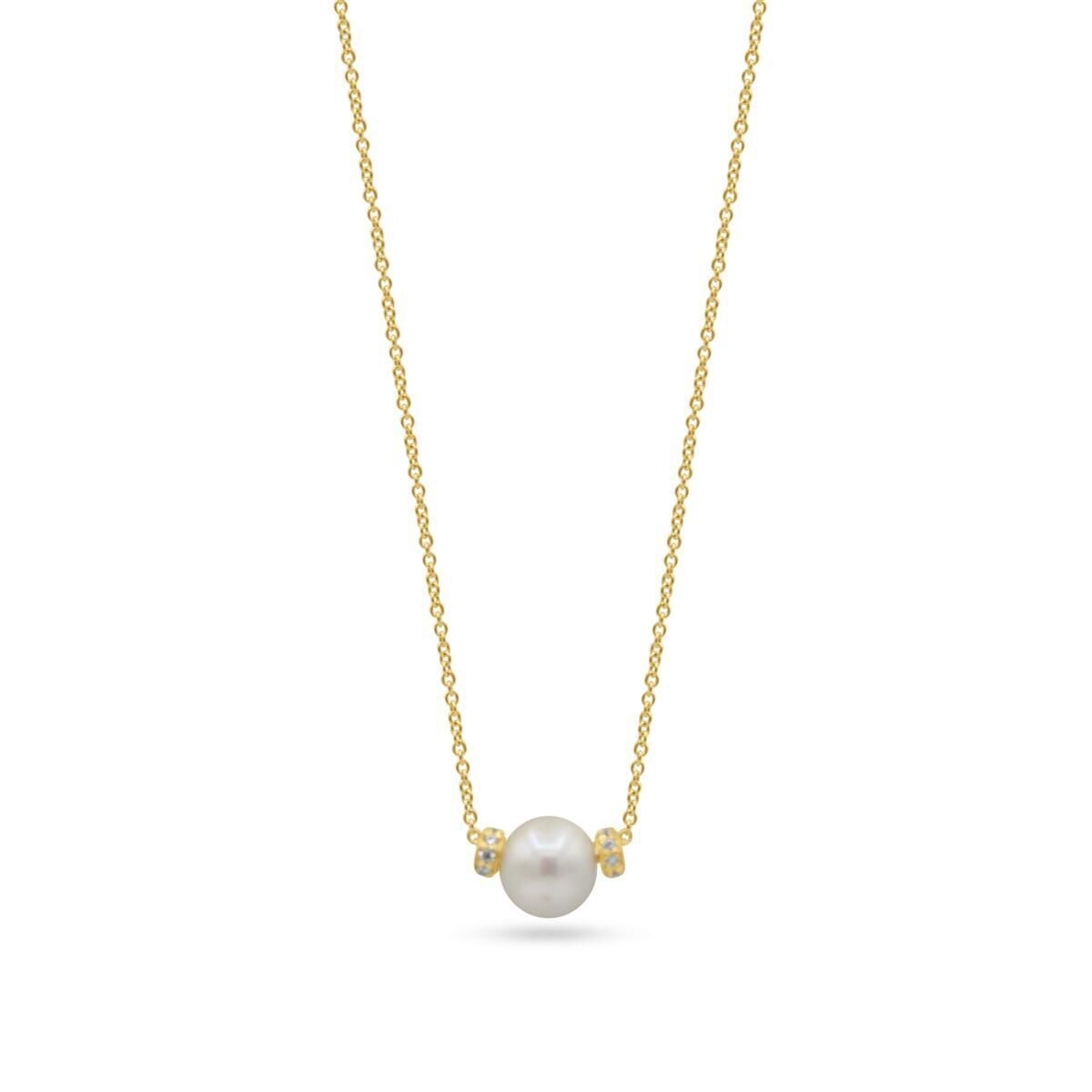 Ketting 18 kt met zoetwaterparel en fantasie gezet met zirconia