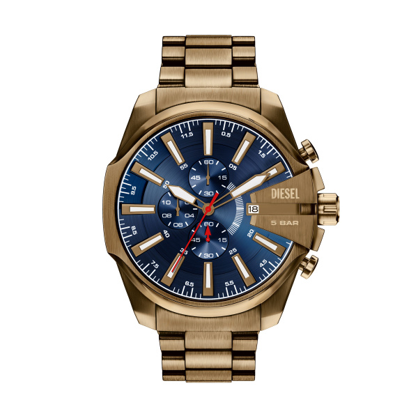 RVS Diesel horloge met  gouden kast en blauwe wijzerplaat.