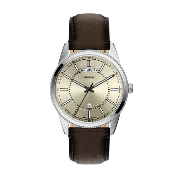 RVS Fossil horloge met bruine band en zilvere kast.