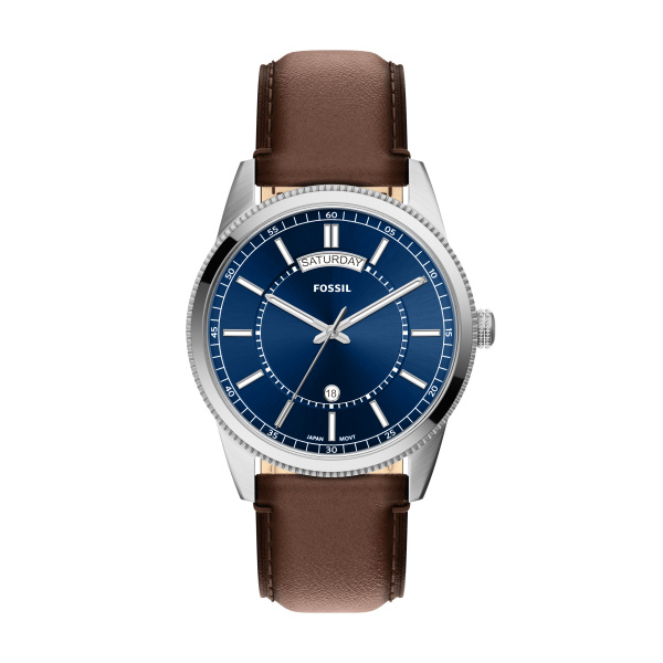 RVS Fossil horloge met bruine band en blauwe wijzerplaat.