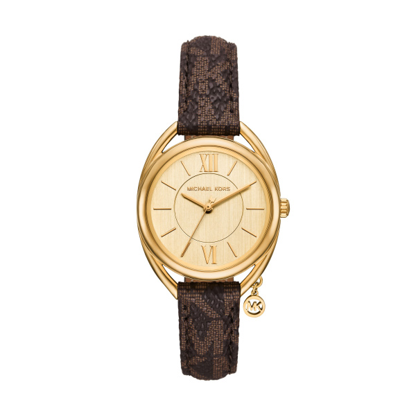 Michael Kors horloge goudkleurig met bruine band.
