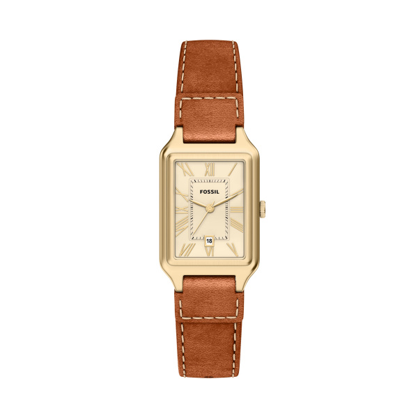 Fossil horloge goudkleurig metbruine band.