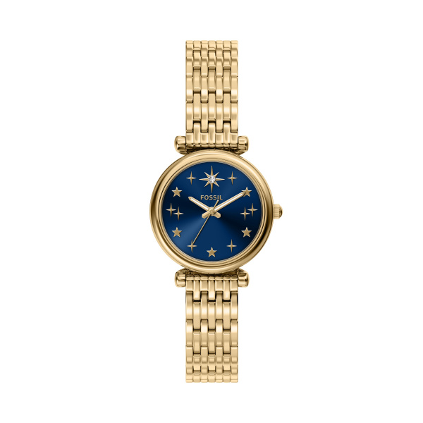 Fossil horloge goudkleurig met blauw uurwerk.