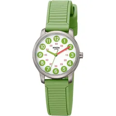 Die Boccia Kinderuhr, Modellnummer 3373-02, zeichnet sich durch ein gr&uuml;nes Ziffernblatt, helle Indizes, ein Titan-Silikonband und ein Quarzwerk aus. Sie ist bis 50 Meter wasserdicht. Diese Armbanduhr ist ideal f&uuml;r den t&auml;glichen Gebrauch, perfekt f&uuml;r Schulkinder. Am besten passt sie bequem und sicher am Handgelenk eines Kindes.
