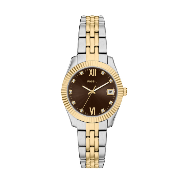 Dit 33 mm Scarlette-horloge heeft een bruine wijzerplaat met zonnestraaleffect die mooi afsteekt tegen de ronde, zilverkleurige roestvrijstalen kast en is voorzien van goudkleurige wijzers en een datumvenster voor een strakke, evenwichtige uitstraling. De tweekleurige band van roestvrij staal in zilver en goud zorgt voor extra diepte dankzij de constructie met meerdere schakels en de gepolijste afwerking. Een vouwsluiting met dubbele drukknop maakt het geheel af en zorgt ervoor dat het horloge goed blijft zitten.