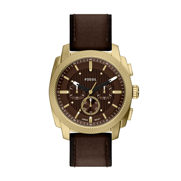 Fossil machine horloge met bruin uurwerk en goudkleurige kast.