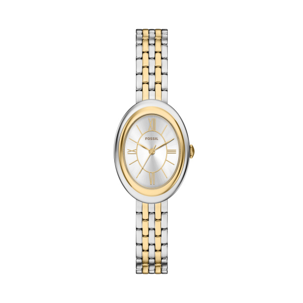 De Fossil Sloan Ovaal Dames Horloge ES5542 is een elegante horloge met een goud-zilver gekleurde roestvrijstalen behuizing en armband. Het beschikt over een analoge wijzerplaat met Romeinse cijfers, beschermd door mineraalglas, en heeft een kwartshorloge-beweging. Waterbestendig tot 5 ATM, zonder datumfunctie. Perfect te dragen voor elke formele of chique gelegenheid.