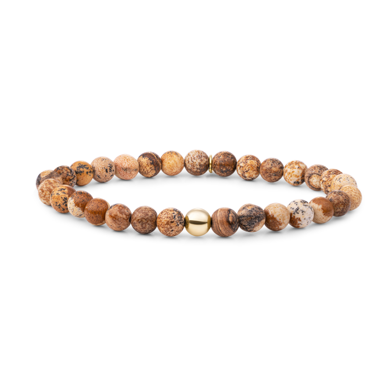 Goud op zilver stretch armband met Landscape Jasper kralen
