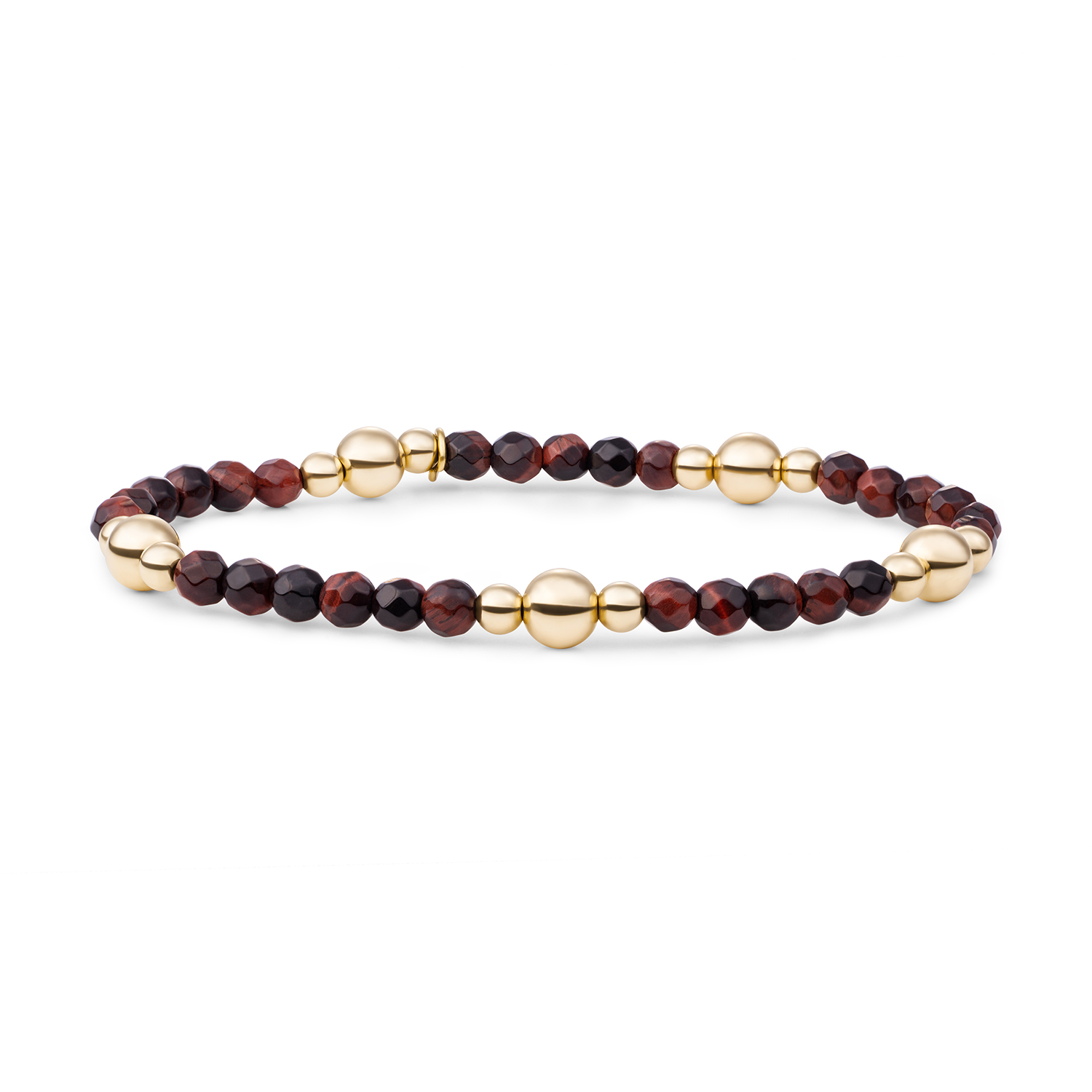Goud op zilver stretch armband met rood tigeroog kralen