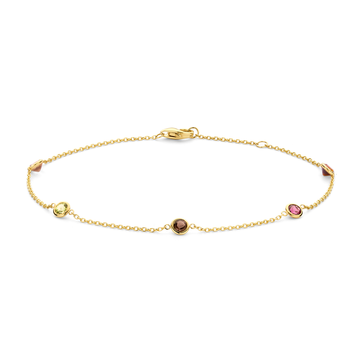 Blush - 14kt geelgouden armband bezet met diverse edelstenen, citrien, rookkwarts, peridoot en rhodoliet, verstelbare lengte 16.5-18cm - 2268YFC