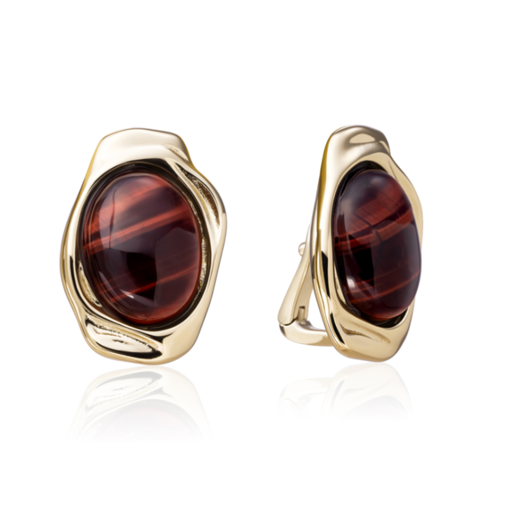 Goud op zilver oorbellen met red tigereye steen