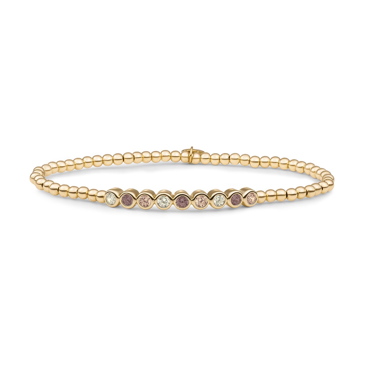 Goud op zilver stretch armband metMulti color steens