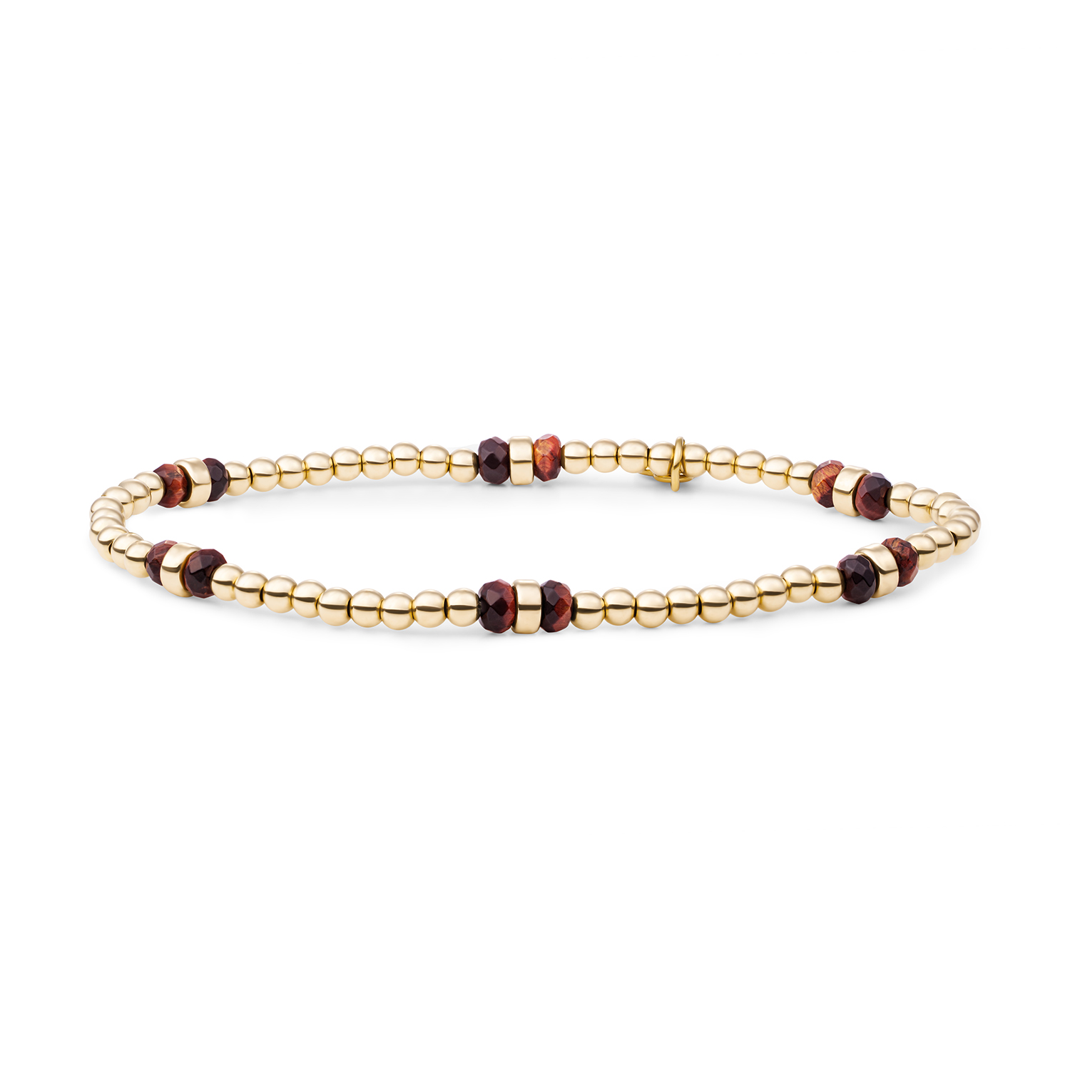 De Double Reverse Roundel Armband Red Tiger Eye Zilver trekt de aandacht met zijn bijzondere vormgeving. Red Tiger Eye is een edelsteen met karakter, de rode en bruine tinten met hun typische chatoyant effect zorgen voor een levendig spel van licht en schaduw. Elke kraal heeft zijn eigen streping, waardoor geen twee armbanden identiek zijn. De roundel-vorm geeft de stenen extra aanwezigheid, terwijl de dubbele reverse setting zorgt voor een rijke, gelaagde uitstraling aan je pols. Vervaardigd uit 925 Sterling Zilver met een warme goudkleurige afwerking, voelt dit sieraad hoogwaardig en comfortabel aan. Het is een stuk dat je solo draagt voor maximale impact, of combineert met subtielere armbanden voor een persoonlijke mix. &bull; 925 Sterling Zilver met Gold Plated afwerking &bull; Natuurlijke Red Tiger Eye met chatoyant effect &bull; Dubbele reverse roundel setting voor volume &bull; Lengte: 18 cm Of je nu kiest voor een casual lunch of een avond uit, de Double Reverse Roundel Armband Red Tiger Eye Zilver voegt die persoonlijke touch toe waar je naar zoekt.